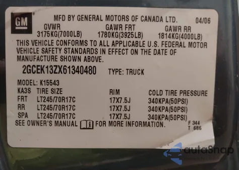 2006 Chevrolet Silverado K1500 z USA, uszkodzony, nr VIN 2GCEK13ZX61340480